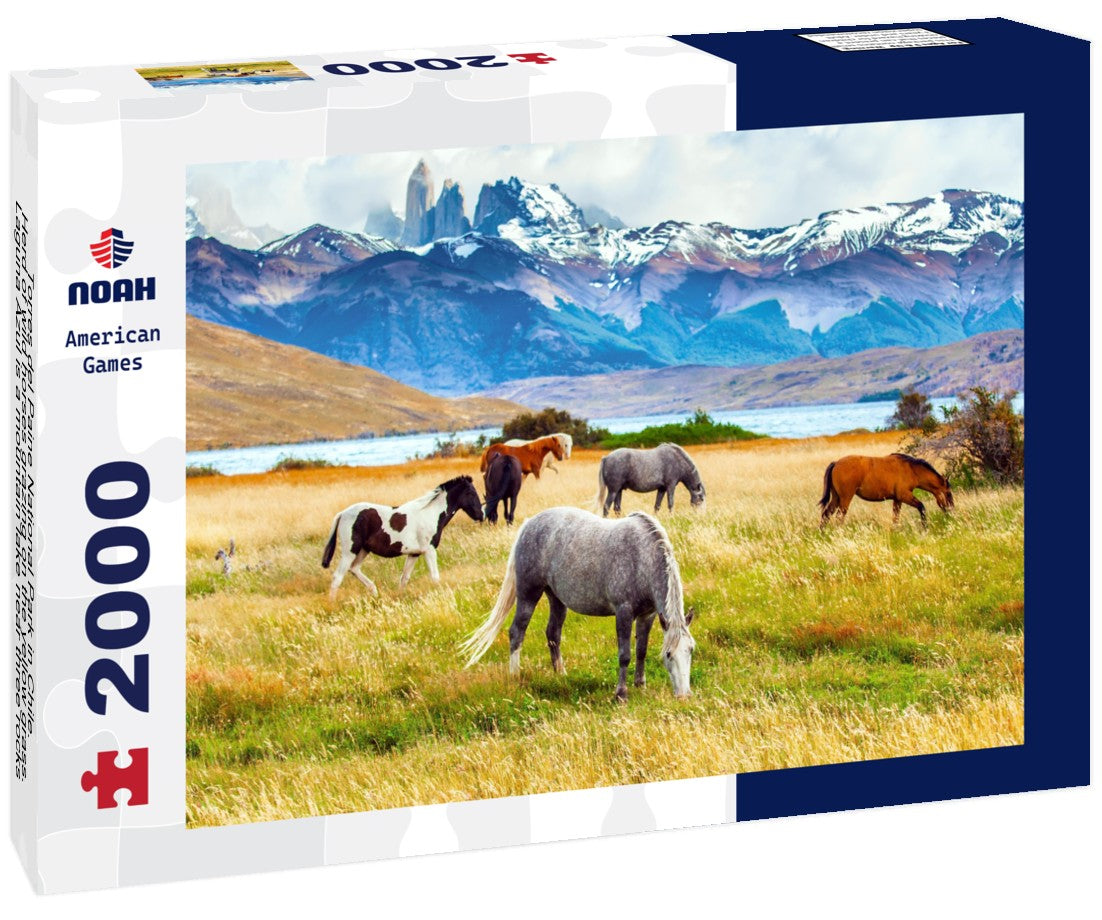 Torres del Paine National Park in Chile. Herd of wild horses grazing on the yellow grass. Laguna Azul is a mountain lake near three rocks 2000pc Puzzle