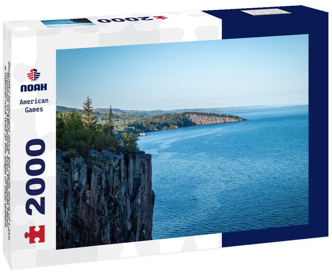 Beautiful landscape along the north shore of Lake Superior in Minnesota, from Palisade Head, a natural rock wall at the edge of blue waters. Evening picture at the shore of Gitchi-Gami 2000pc Puzzle