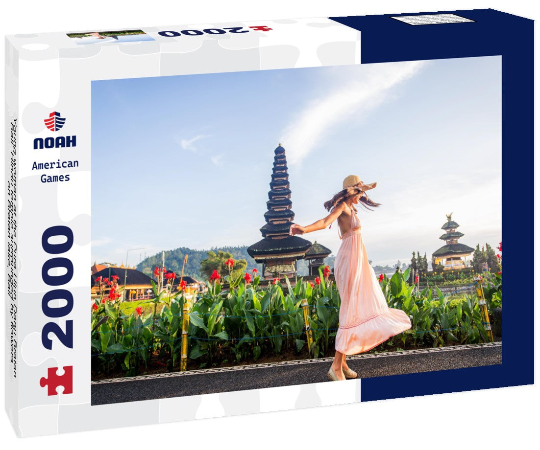 Young woman at the Pura Ulun Danu Bratan, Bali. Hindu temple surrounded by flowers on Bratan lake, Bali 2000pc Puzzle