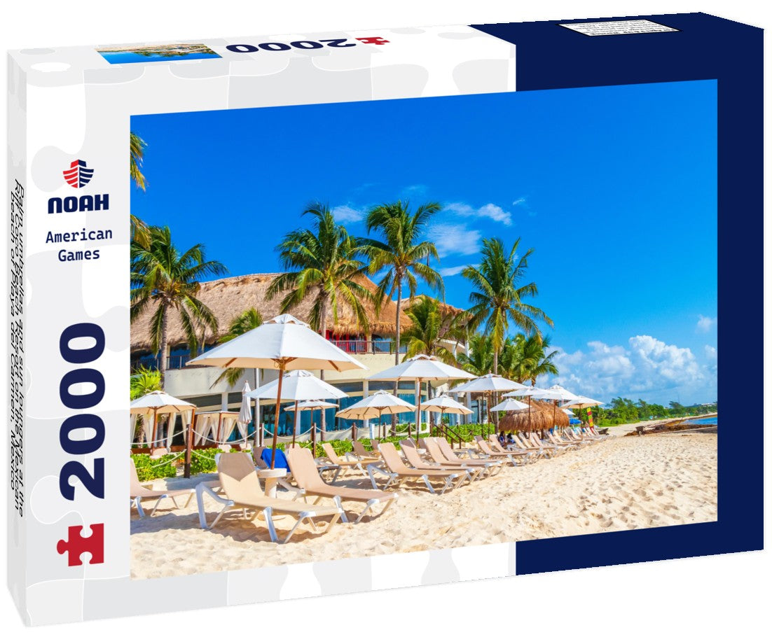 Palm umbrellas and sun loungers at the Riff Coco Beach Resort on the Mexican beach of Playa del Carmen, Mexico 2000pc Puzzle