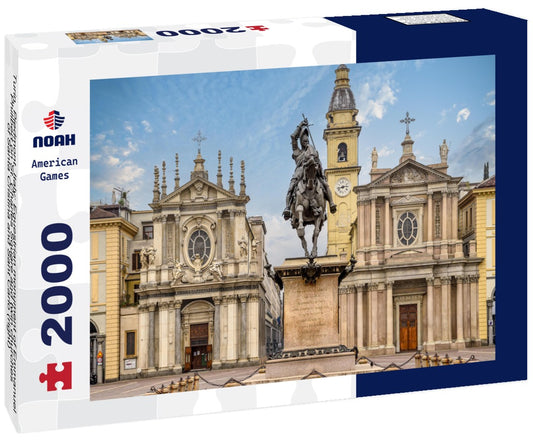 Noah Jigsaw Puzzle Turin, Piedmont, Italy: Equestrian monument of Emmanuel Philibert on St. Charles Square and twin churches of Santa Cristina and Sant Carlo (right) 2000 pieces