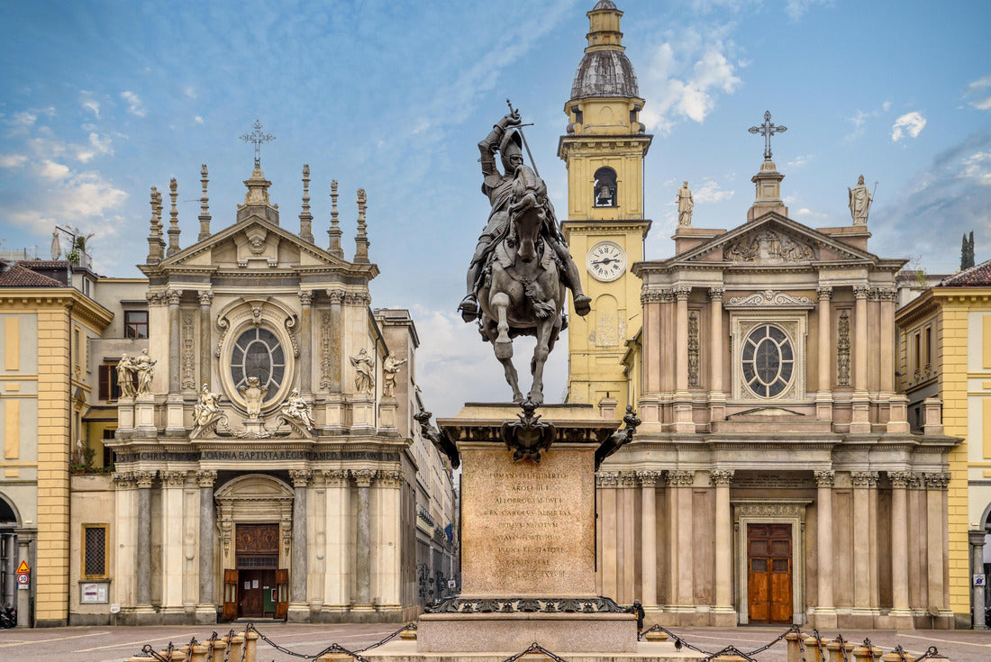 Noah Jigsaw Puzzle Turin, Piedmont, Italy: Equestrian monument of Emmanuel Philibert on St. Charles Square and twin churches of Santa Cristina and Sant Carlo (right) 2000 pieces