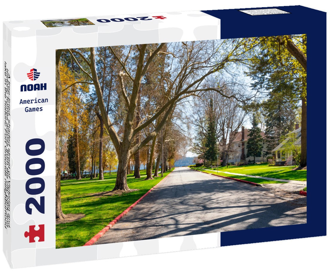 A tree-lined, shaded street of Victorian and historic homes across from the city park and lake in the historic Fort Grounds neighborhood of Coeur d'Alene, Idaho, USA 2000pc Puzzle