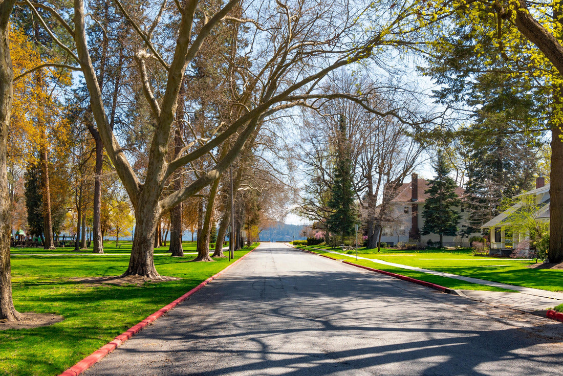 A tree-lined, shaded street of Victorian and historic homes across from the city park and lake in the historic Fort Grounds neighborhood of Coeur d'Alene, Idaho, USA 2000pc Puzzle