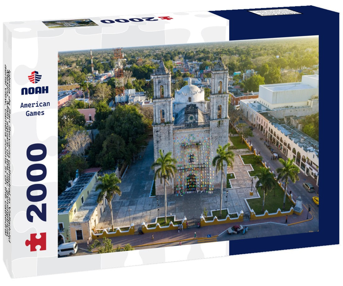 Iglesia de San Servacio cathedral in Valladolid Mexico. Main square of the city. Symmetrical aerial view, camera zooms in on the cathedral between the towers. Valladolid Mexico 2000pc Puzzle