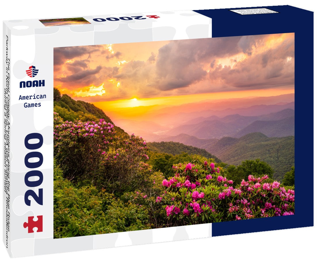 The Great Craggy Mountains along the Blue Ridge Parkway in North Carolina, USA with Catawba Rhododendron during a spring season sunset 2000pc Puzzle