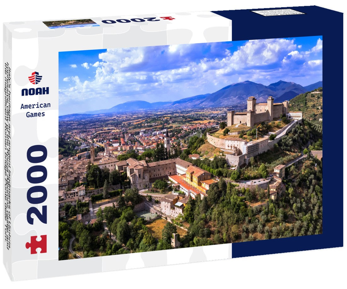 Italy's heritage and ancient landmarks of Umbria. Impressive view of the Rocca Albornoz castle and the magnificent Roman bridge Ponte delle Torri. 2000pc Puzzle