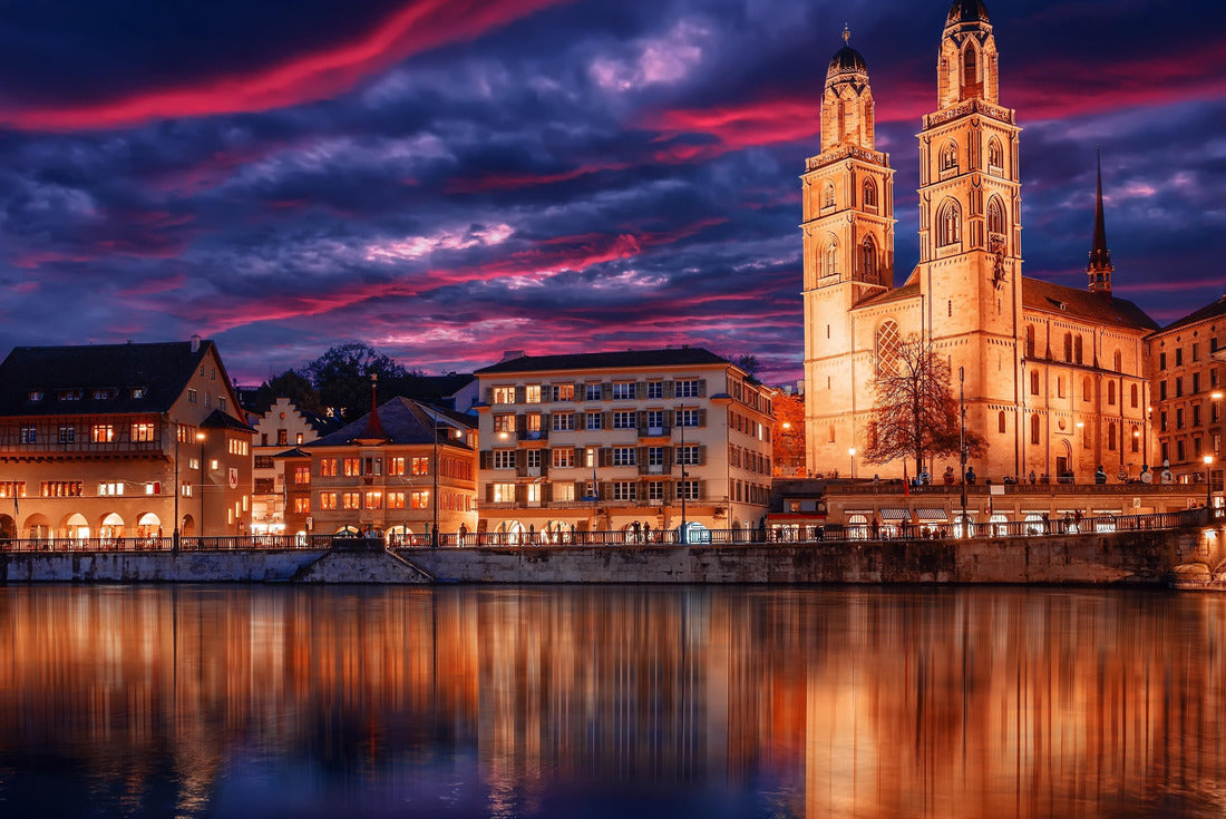 Grossmunster Church. Zurich. Switzerland. Cityscape of Zurich with colorful sky, at dramatic sunset. Popular tourist destination 2000pc Puzzle
