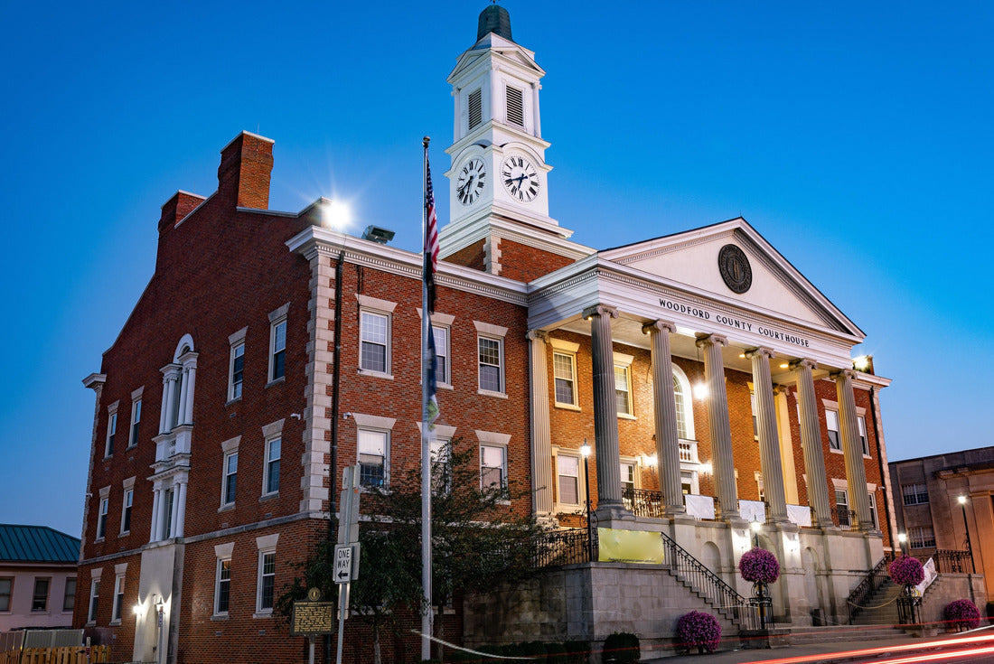 paths of car headlights on Main Street in front of the Woodford County Courthouse in Versailles, Kentucky in the early morning 2000pc Puzzle