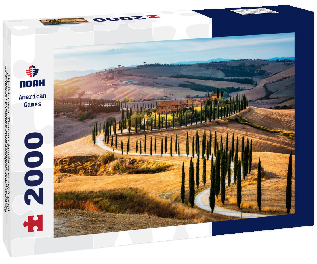 Well-known Tuscan landscape with grain fields, cypresses and houses on the hills at sunset. Summer landscape with winding road in Tuscany, Italy 2000pc Puzzle