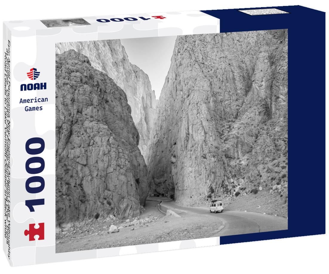 Noah Jigsaw Puzzle Epic Aerial Panorama New England Autumn Lake Willoughby at Sunrise. Colorful Fall Foliage Sun Rising Over Trees Road Leads to Lake Vermont October in black white 1000 pieces