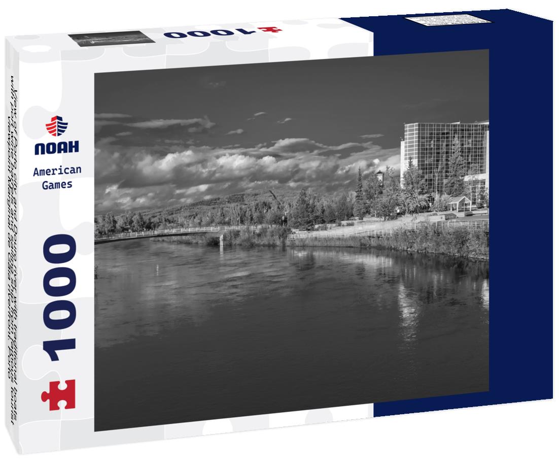 Noah Jigsaw Puzzle View of Porto city and Douro river with traditional boats with port wine barrels and sailing ship from famous tourist viewpoint Marginal de Gaia riverfront. Porto, Vila Nova de Gaia, Portugal in black white 1000 pieces