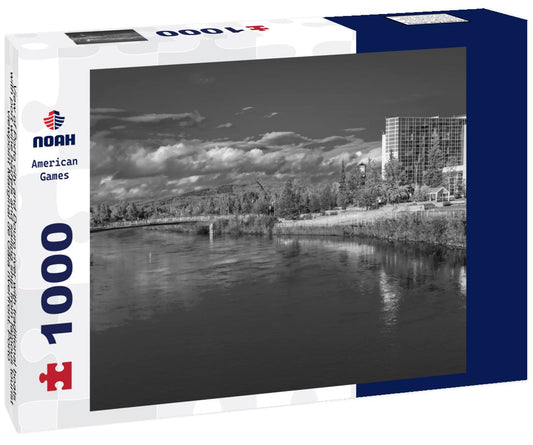 Noah Jigsaw Puzzle View of Porto city and Douro river with traditional boats with port wine barrels and sailing ship from famous tourist viewpoint Marginal de Gaia riverfront. Porto, Vila Nova de Gaia, Portugal in black white 1000 pieces