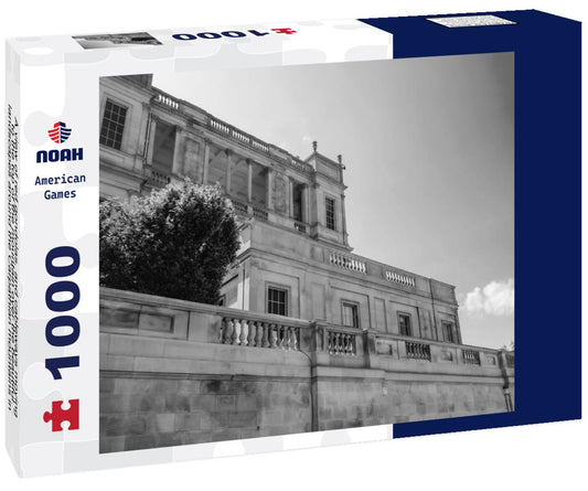 Noah Jigsaw Puzzle A view of red gondolas, and cableways moving to the top of the mountain over the beautiful landscapes around the Carpathian mountains in Poiana Brasov, Romania in black white 1000 pieces