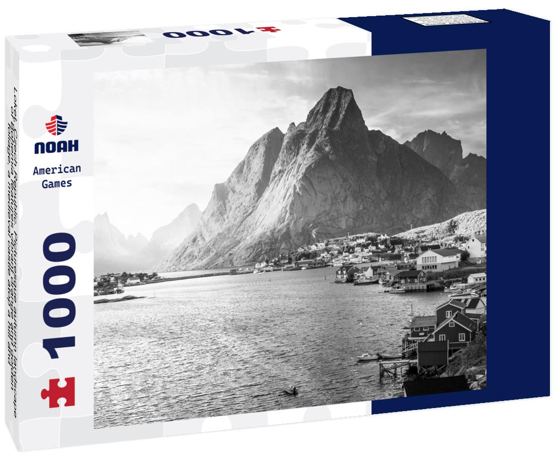 Noah Jigsaw Puzzle Loket, Czech Republic. Picturesque autumn landscape of Bohemia features vibrant orange and golden foliage, a medieval castle atop a hill and winding river in black white 1000 pieces