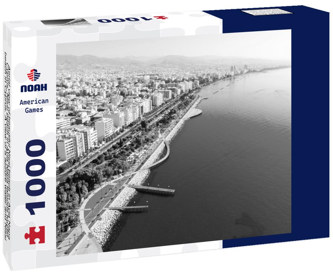 Noah Jigsaw Puzzle Aerial view of beautiful Nissi beach in Ayia Napa, Cyprus. Nissi beach in Ayia Napa famous tourist beach in Cyprus. A view of a azzure water and Nissi beach in Aiya Napa, Cyprus in black white 1000 pieces