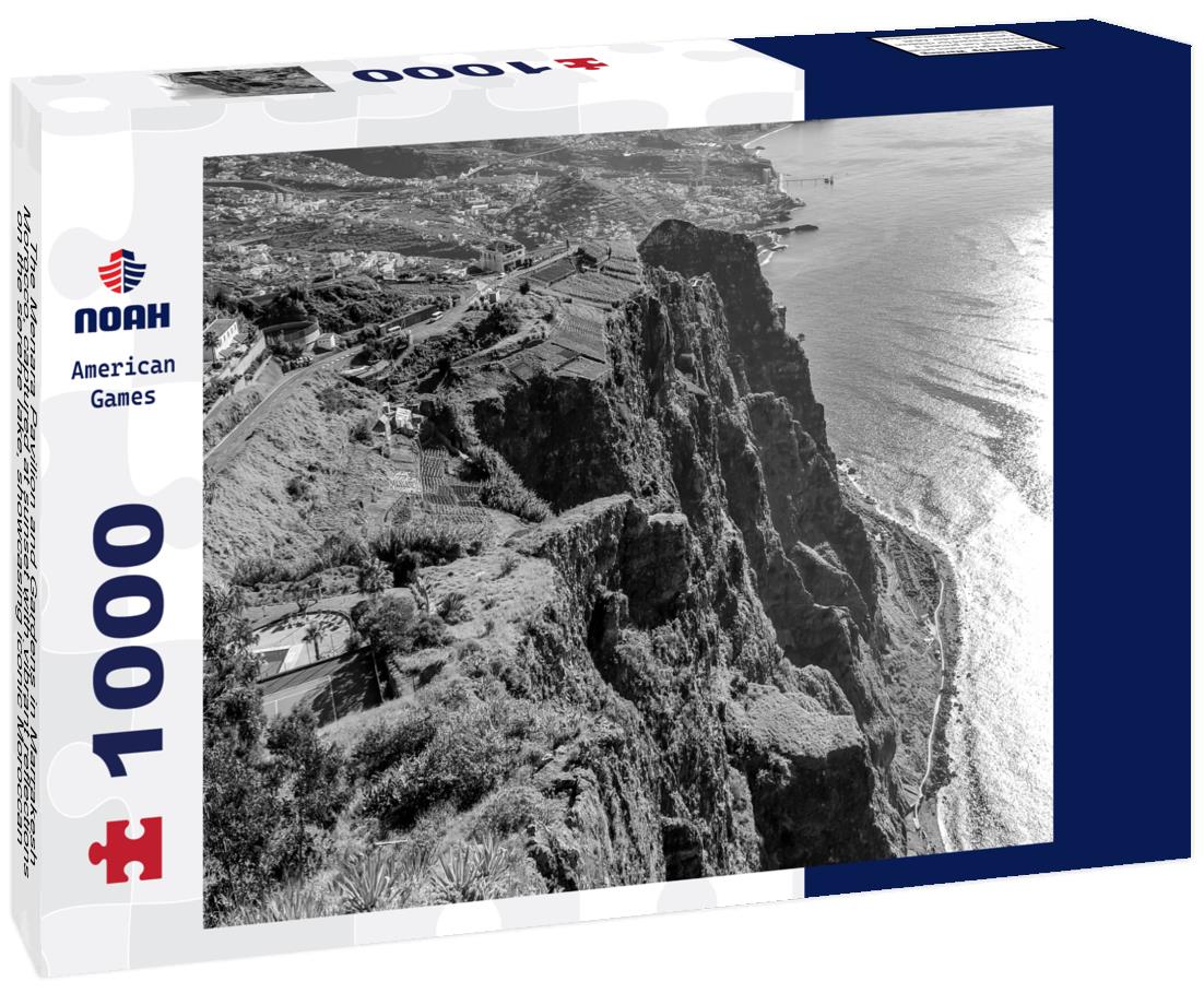 Noah Jigsaw Puzzle The Menara Pavilion and Gardens in Marrakesh, Morocco, captured at sunset with vibrant reflections on the serene lake, showcasing iconic Moroccan architecture in black white 1000 pieces