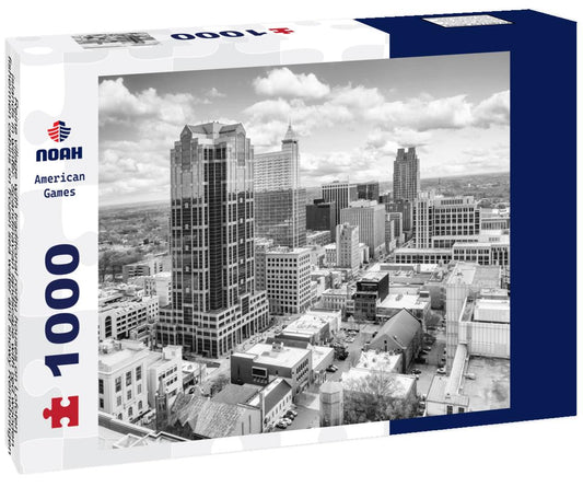 Noah Jigsaw Puzzle Reine village with traditional rorbu houses on Lofoten islands in winter. Scandinavian landscape with red wooden fishermen cabins on frozen sea water and snowy Reinebringen mountain, northern Norway in black white 1000 pieces