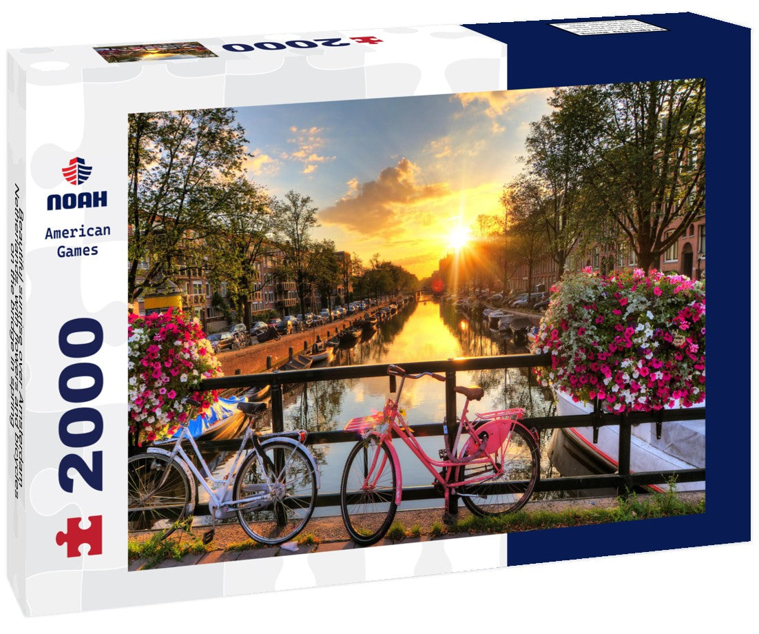 Beautiful sunrise over Amsterdam, Netherlands, with flowers and bicycles on the bridge in spring 2000pc Puzzle