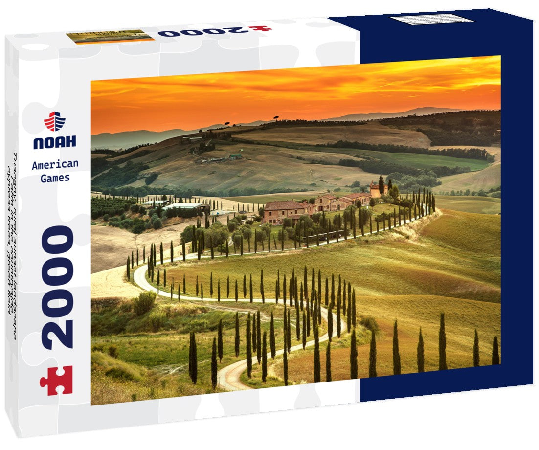 Noah Jigsaw Puzzle Tuscany, rural sunset landscape. Farm in the countryside, cypress trees, green field, sunlight and clouds. Italy 2000 pieces