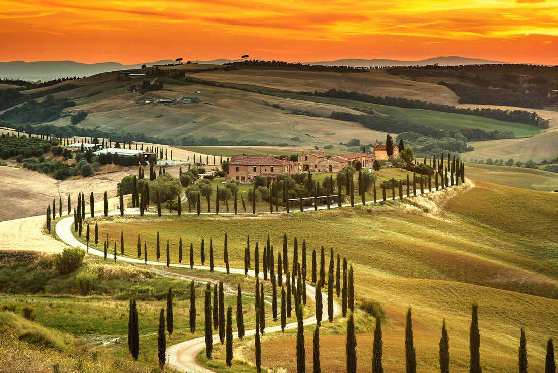 Noah Jigsaw Puzzle Tuscany, rural sunset landscape. Farm in the countryside, cypress trees, green field, sunlight and clouds. Italy 2000 pieces