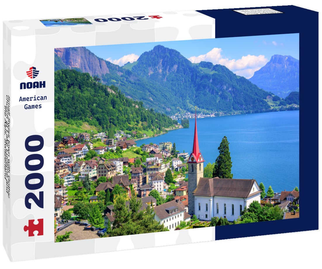 Noah Jigsaw Puzzle Small Swiss town with Gothic church at Lake Lucerne and the Alps, Switzerland 2000 pieces