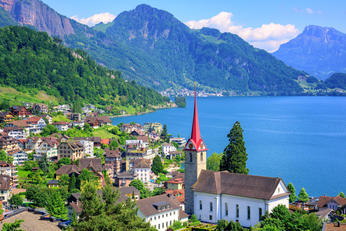 Noah Jigsaw Puzzle Small Swiss town with Gothic church at Lake Lucerne and the Alps, Switzerland 2000 pieces