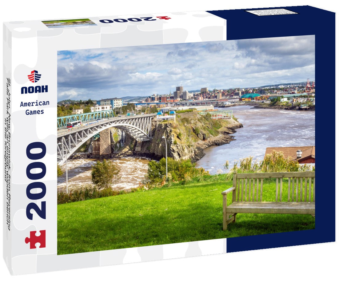 St. John, New Brunswick, from Reversing Falls Park with an empty wooden bench in the foreground 2000pc Puzzle