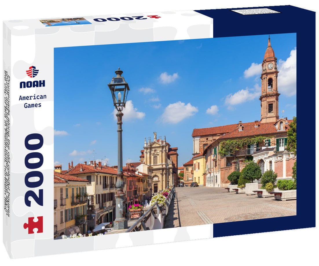 Promenade along the old colorful houses, church and lampposts under a blue sky in the city of Bra in Piedmont, northern Italy 2000pc Puzzle