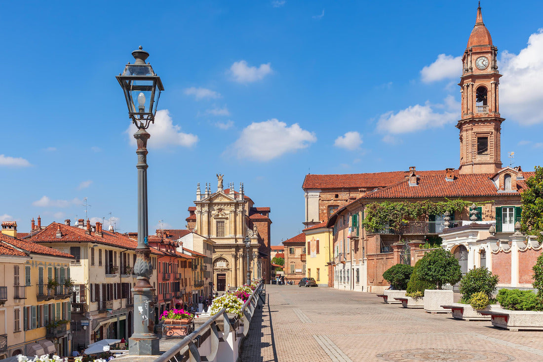 Promenade along the old colorful houses, church and lampposts under a blue sky in the city of Bra in Piedmont, northern Italy 2000pc Puzzle