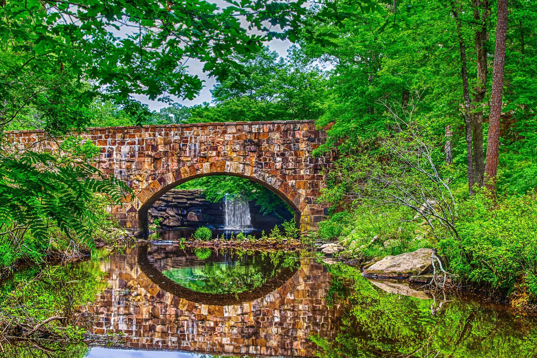 Noah Jigsaw Puzzle Bridge, waterfall and foliage reflections of scenic Davies Bridge in Petit Jean State Park near Russellville AR 2000 pieces