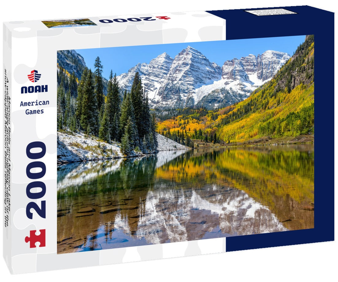 Maroon Bells and Maroon Lake - A wide-angle autumn midday view of the snow-capped Maroon Bells reflecting in the crystal-clear Maroon Lake, Aspen, Colorado, USA 2000pc Puzzle