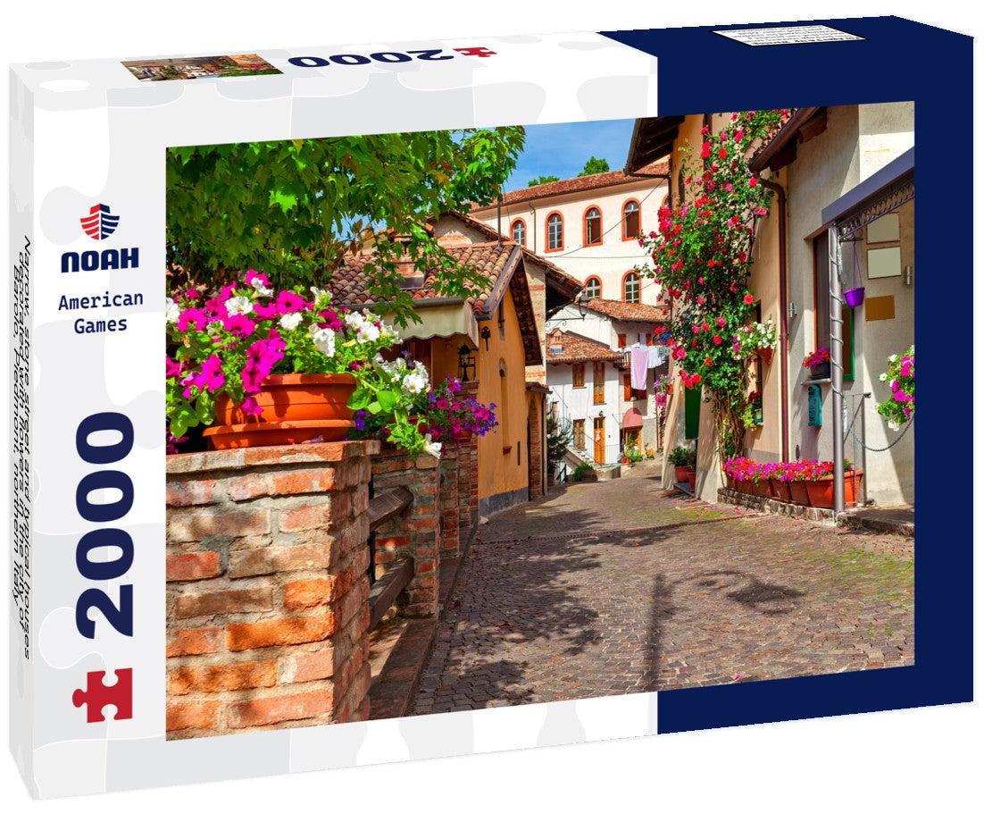 Narrow, stone street and typical houses decorated with flowers in the city of Barolo, Piedmont, northern Italy 2000pc Puzzle