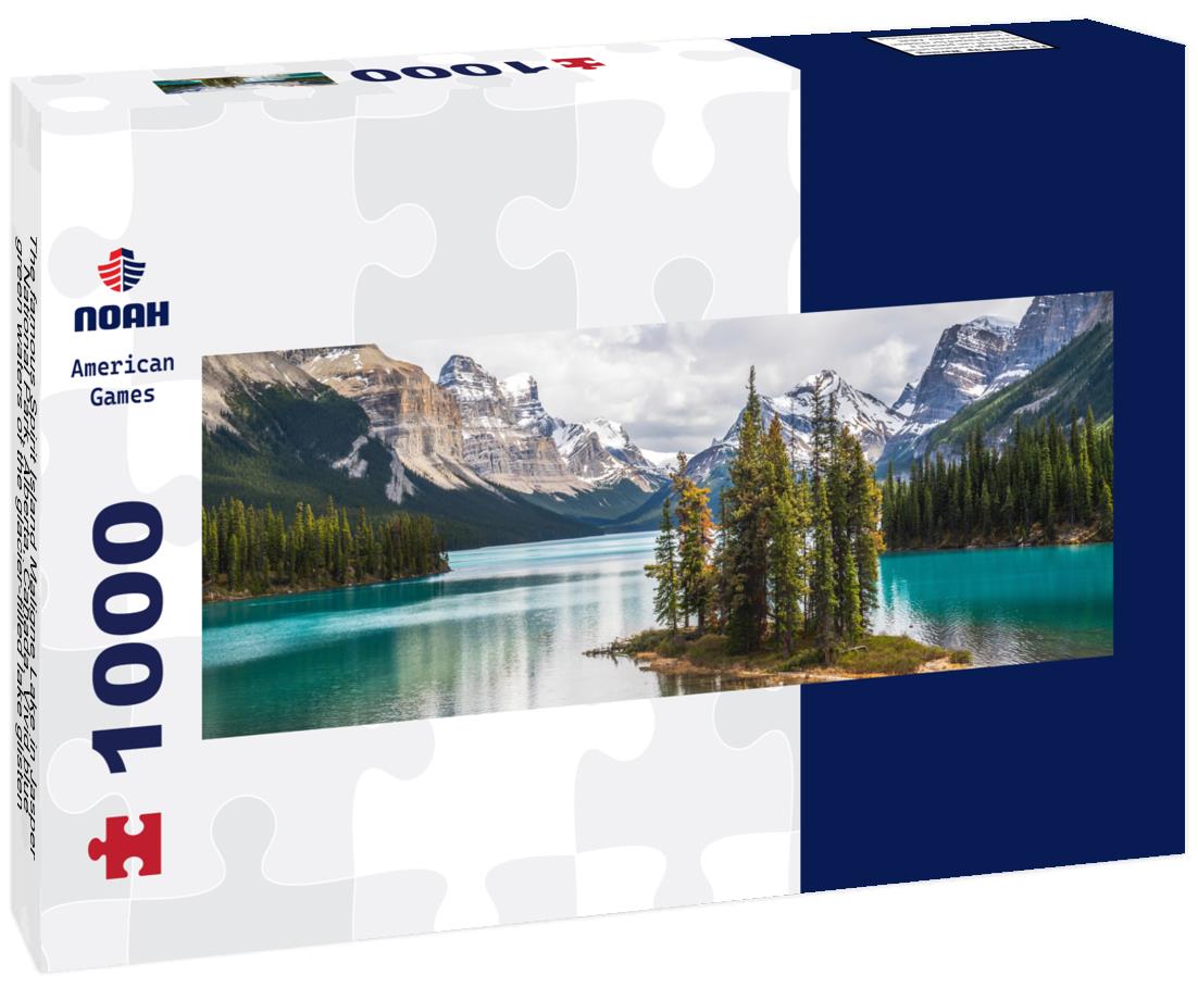 The famous Spirit Island Maligne Lake in Jasper National Park, Alberta, Canada. Vivid blue-green waters of the glacier-filled lake glisten in the sun around the famous pine gathering 1000pc Panoramic Puzzle