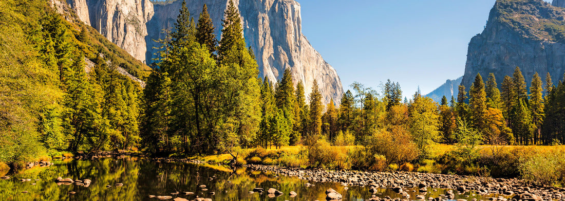 Merced River, El Capitan left, Cathedral Rocks right at day light, Yosemite Valley, Yosemite National Park, California, USA 1000pc Panoramic Puzzle