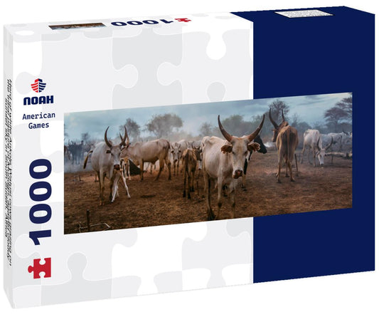 Noah Jigsaw Puzzle Herd of white Ankole Watusi cows grazing on the tribal pasture of Mundari, against cloudy sunset sky in South Sudan, Africa panorama 1000 pieces