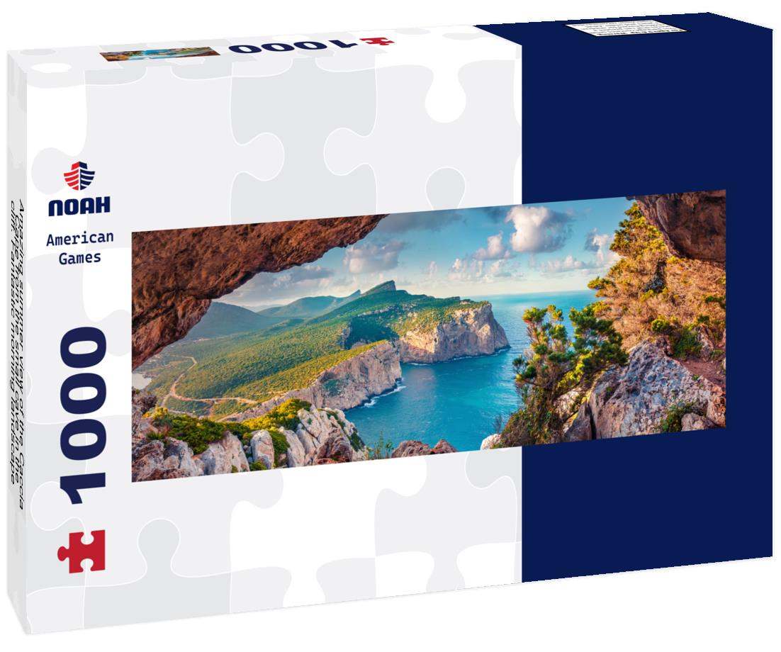 Noah Jigsaw Puzzle Amazing summer view of the Caccia Cape from the small cave in the cliff. Fantastic morning landscape of Sardinia, Italy panorama 1000 pieces