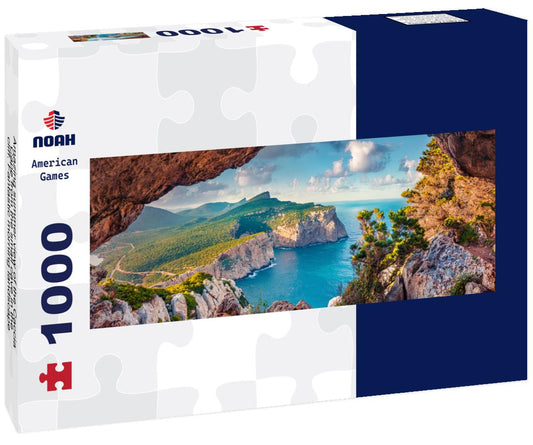 Noah Jigsaw Puzzle Amazing summer view of the Caccia Cape from the small cave in the cliff. Fantastic morning landscape of Sardinia, Italy panorama 1000 pieces