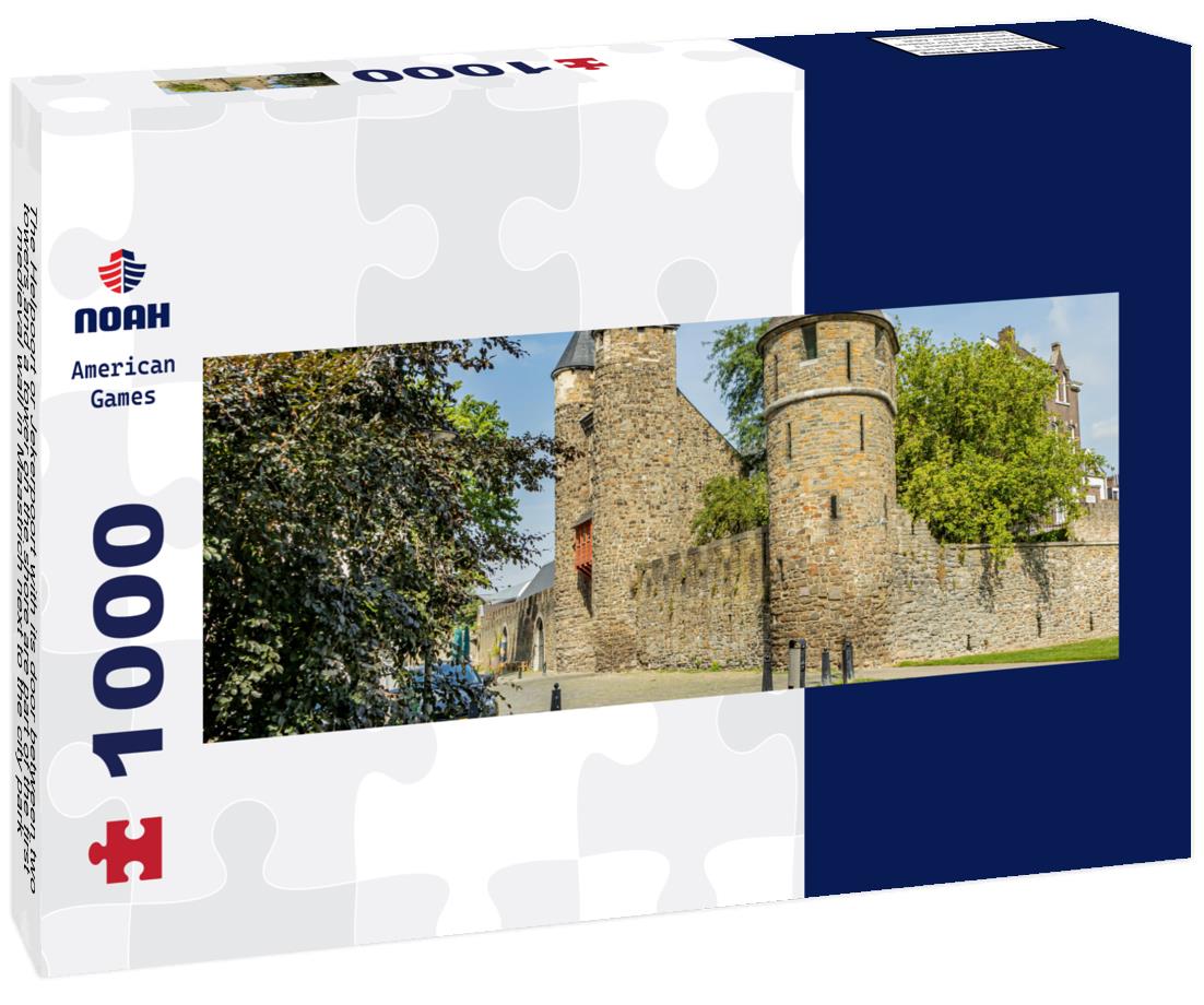 Noah Jigsaw Puzzle The Helpoort or Jekerpoort with its door between two towers and a tower on the shore are part of the first medieval wall in Maastrich next to the city park, sunny day in South Limburg, Netherlands panorama 1000 pieces