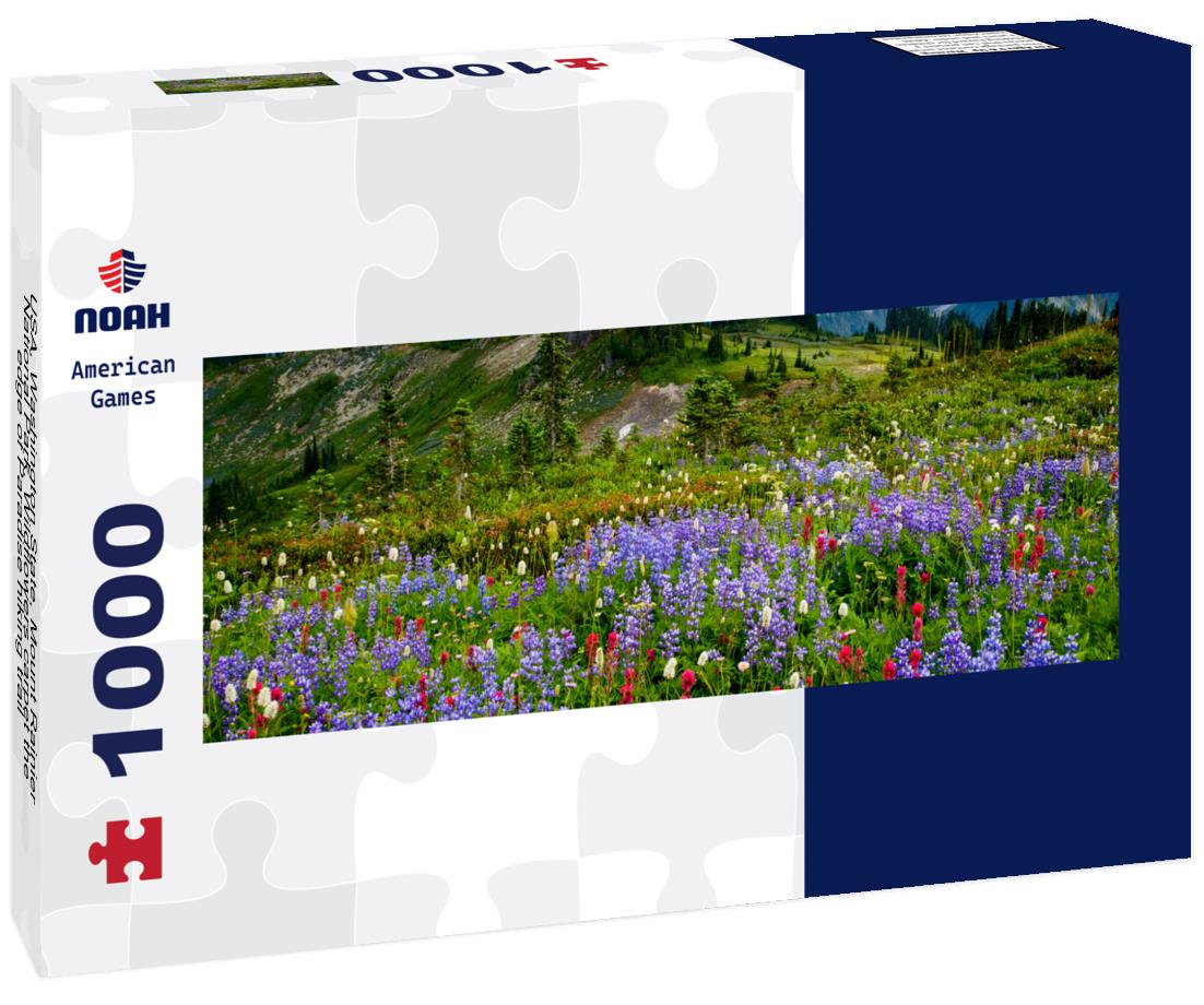 Noah Jigsaw Puzzle USA, Washington State, Mount Rainier National Park. Wildflowers carpet the edge of Paradise hiking trail panorama 1000 pieces