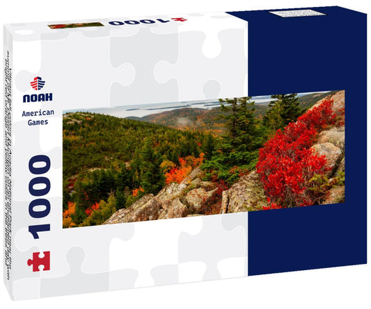Noah Jigsaw Puzzle Vibrant fall colors in Acadia National Park near the summit of Mt. Desert Mountain on an enchanted day with bright red orange and yellow colors in the trees and strong foreground interest of three trees panorama 1000 pieces