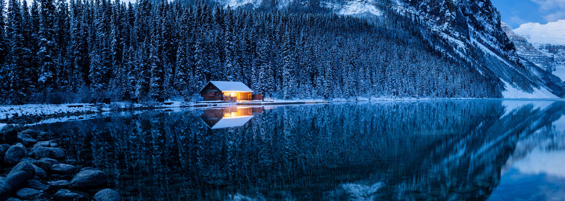 Noah Jigsaw Puzzle Stunning blue hour shot of a boat house on a crystal clear winter morning at Lake Louise, Alberta, Canada panorama 1000 pieces