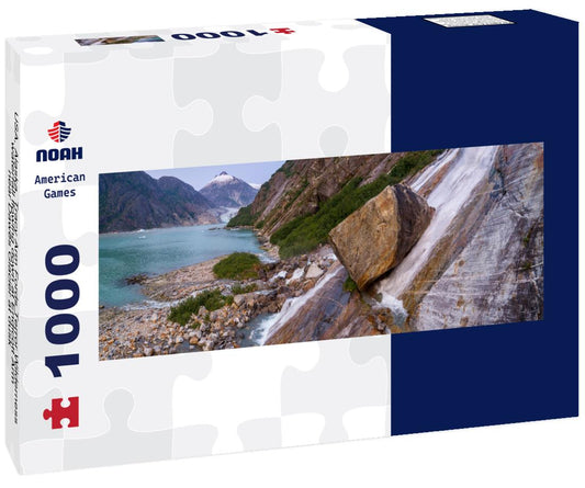 Noah Jigsaw Puzzle USA, Alaska, Tracy Arm Fords Terror Wilderness, waterfall flowing down at Endicott Arm near Dawes Glacier at dusk panorama 1000 pieces