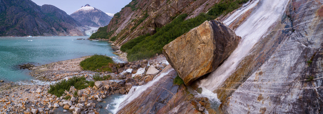 Noah Jigsaw Puzzle USA, Alaska, Tracy Arm Fords Terror Wilderness, waterfall flowing down at Endicott Arm near Dawes Glacier at dusk panorama 1000 pieces