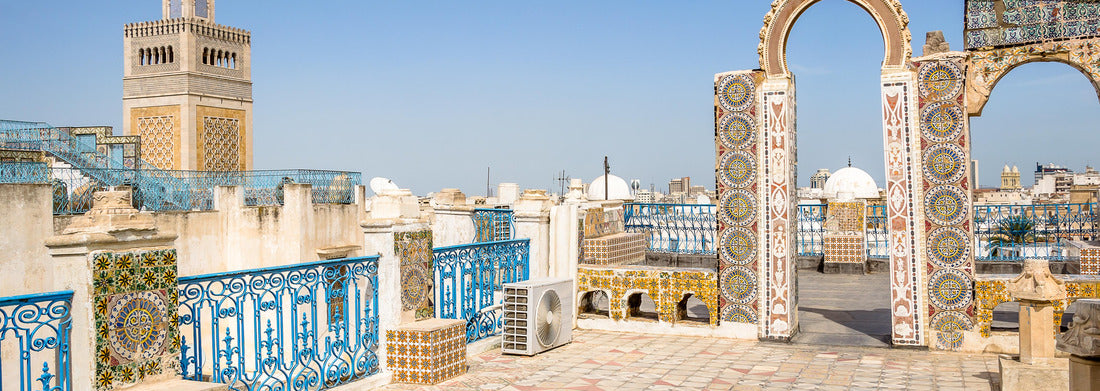Noah Jigsaw Puzzle Urban landscape of the medieval Medina of the city of Tunis, Tunisia, with the minaret of the Zaytuna Mosque on the left. The Medina district has been a UNESCO World Heritage Site since 1979. panorama 1000 pieces