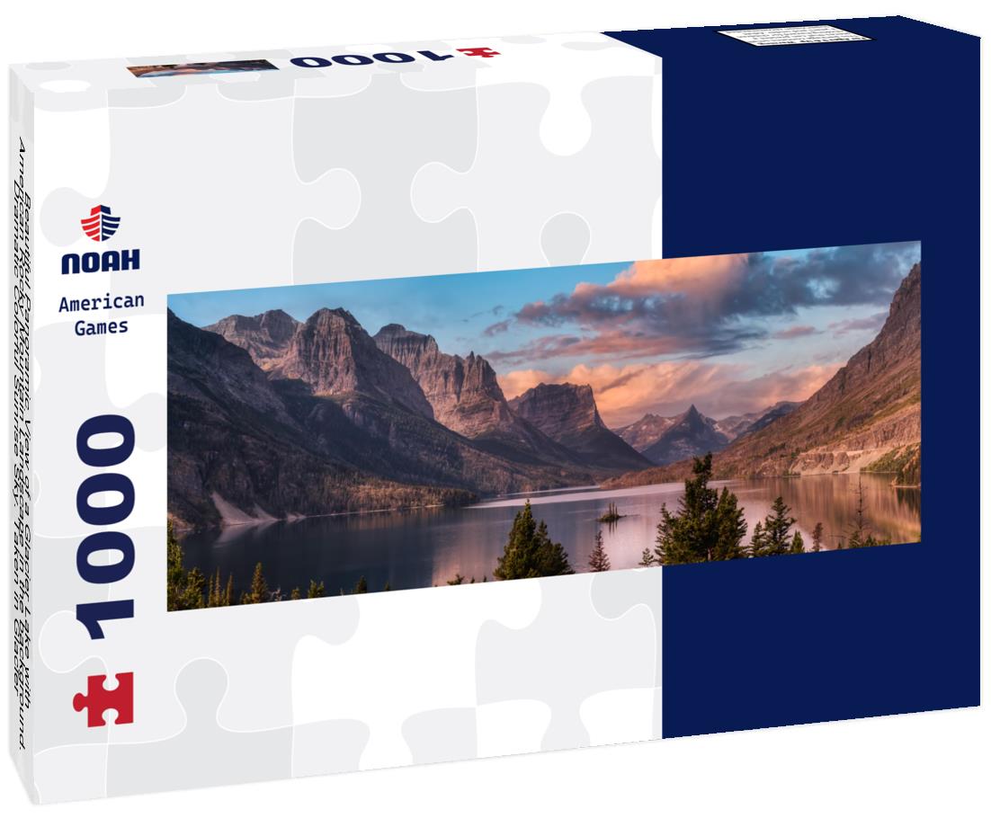 Noah Jigsaw Puzzle Beautiful Panoramic View of a Glacier Lake with American Rocky Mountain Landscape in the background. Dramatic Colorful Sunrise Sky. Taken in Glacier National Park, Montana, United States panorama 1000 pieces