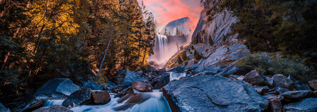 Noah Jigsaw Puzzle Sunset at Vernal Falls in Yosemite National Park in the water next to the stones panorama 1000 pieces