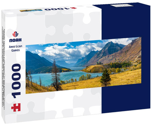 Noah Jigsaw Puzzle Middle Waterton Lake lakes in fall foliage season sunny day morning. Blue sky, white clouds on mountains in background. Landmark in Waterton Lakes National Park, Alberta, Canada panorama 1000 pieces