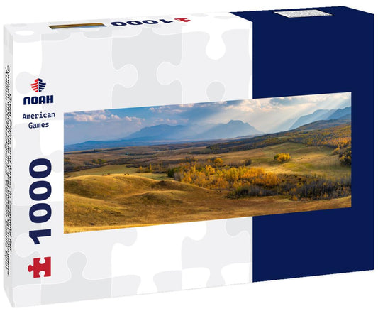 Noah Jigsaw Puzzle Great Plains and forest in beautiful fall. Sunlight through blue sky and clouds on mountains. Autumn color background. Waterton Scenic Spot, Waterton Lakes National Park, Alberta, Canada panorama 1000 pieces