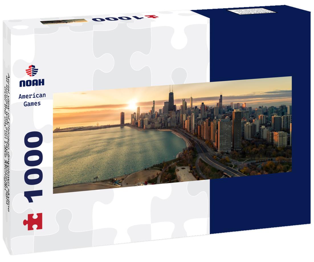 Noah Jigsaw Puzzle Aerial view of Chicago downtown skyline at sunrise with sun rays. Morning light over the city on Lake Michigan panorama 1000 pieces
